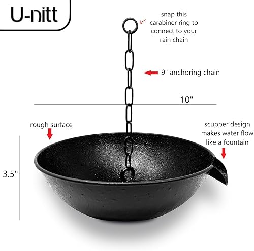 Miniatura 8 de U-nitt Cuencoplato de anclaje de 12 pulgadas para cadena de lluvia de canalón, cuenco para derrames para fuente, con scupper, alternativa para baño
