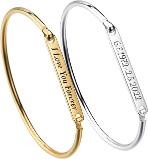 Personalized Engraved Bracelet Custom Name Jewelry Gift for Women Stainless Steel Bangle with Names Initials Date Coordinates Anniversary Birthday Present Couples Friendship Memorial
