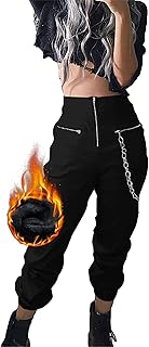 DINGJIUYAN Winter Thick Warm Pants Women Faux Fleece Cargo Pants Gothic Y2k Baggy Casual Trousers with Chain