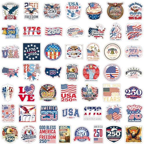 200Pcs USA 250th Anniversary Stickers America 250 Patriotic Stickers American Flag Waterproof Vinyl Decals for Memorial Day Independence Day Decorations Laptop Water Bottle