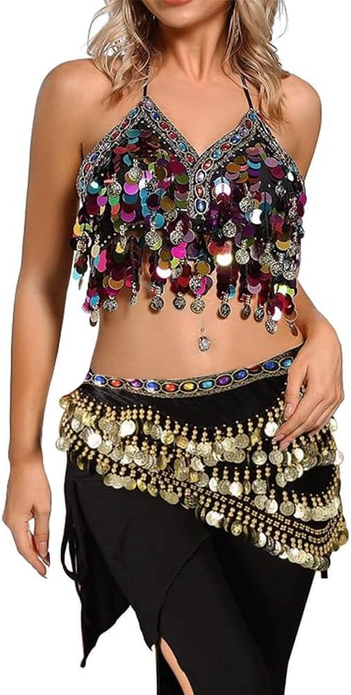 Women's 2 Pcs Belly Dance Costume Set Belly Dance Sequin Halter Bra Top and Coins Hip Scarf Wrap Belt