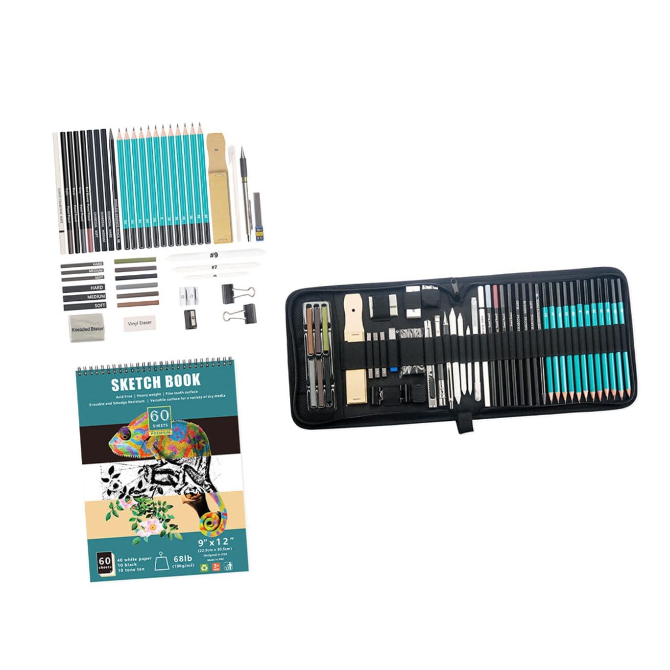 Set di Matite da Schizzo per Disegno, 50 Pezzi, per Hobby | Livelli per Sfumatura e Linea, Accessori in Legno Metallo e Carta, Adatto a Kids e Hobbyists
