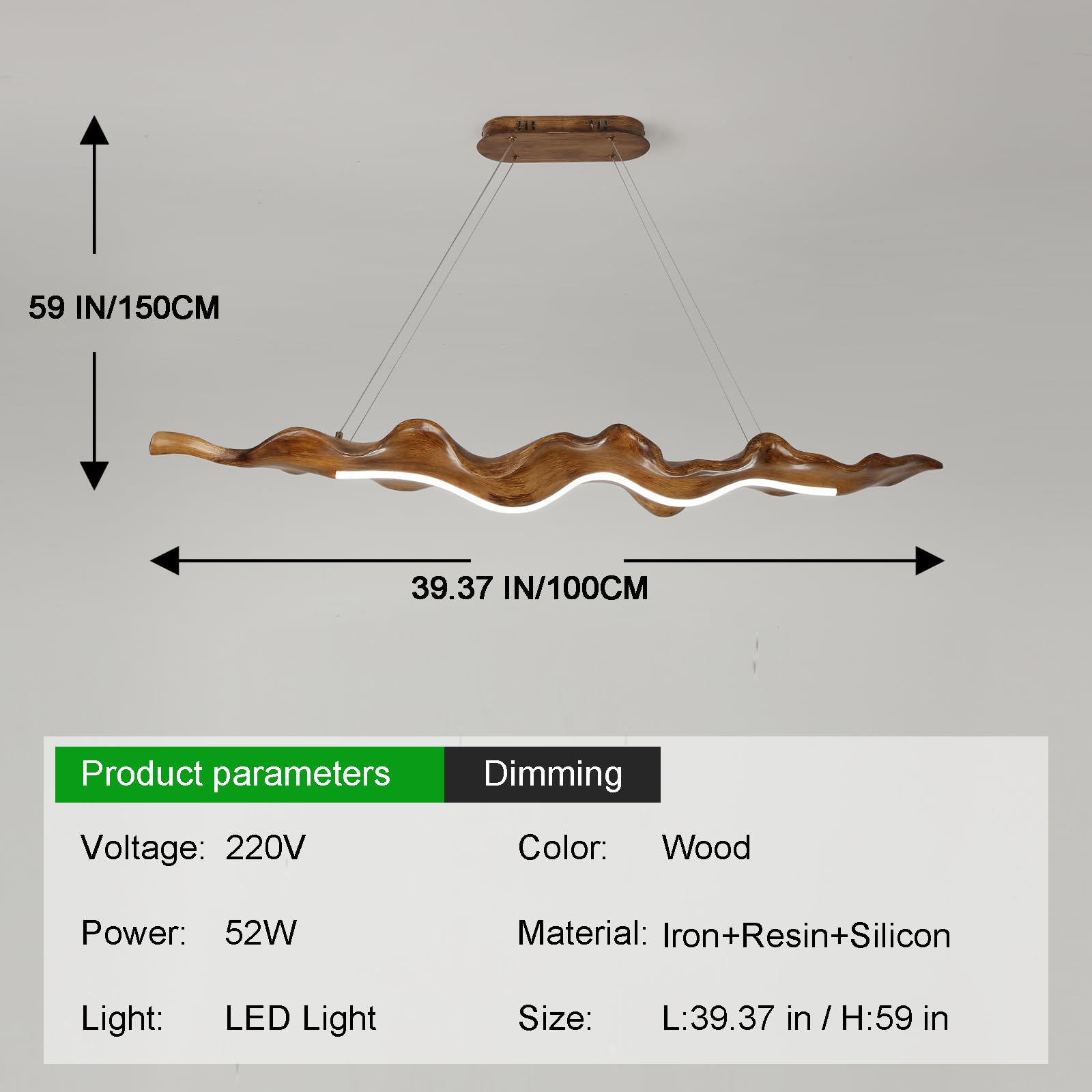 52 W Kücheninsel-Pendelleuchte, 3000K–6000K dimmbar, Kronleuchter, Hängelampe, verstellbar mit Fernbedienung, LED-Beleuchtung im Holzblatt-Design für Küche, Schlafzimmer und Arbeitszimmer, 100 cm