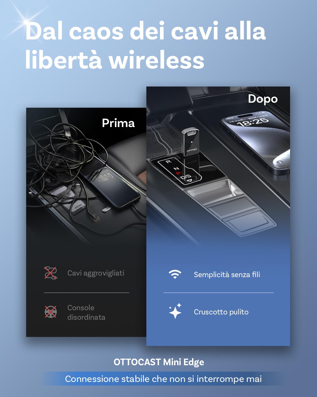 Ottocast Mini Edge 2025 Aggiornato, Adattatore Wireless 2 in 1 CarPlay & Android Auto per iOS 10+ e Android 11+, Supporto Multi-Utente, Plug & Play Trasforma CarPlay/Android Auto cablato in wireless