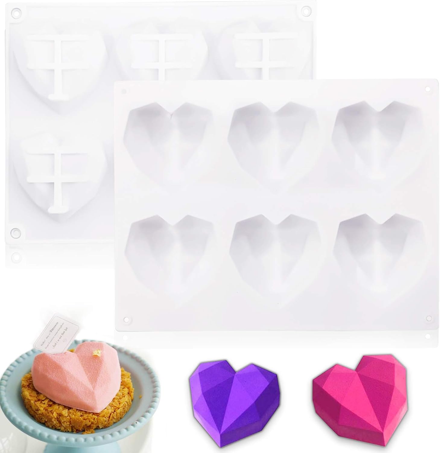 Silicone Heart Molds,2 PCS Heart Silicone Mold 6 Cavities,Heart Shaped Silicone Mold,Chocolate Mold 3D Diamond Heart,Baking Mold Cake Mold Tray for Baking,Handmade Soap Mold Candy Making Set(White)