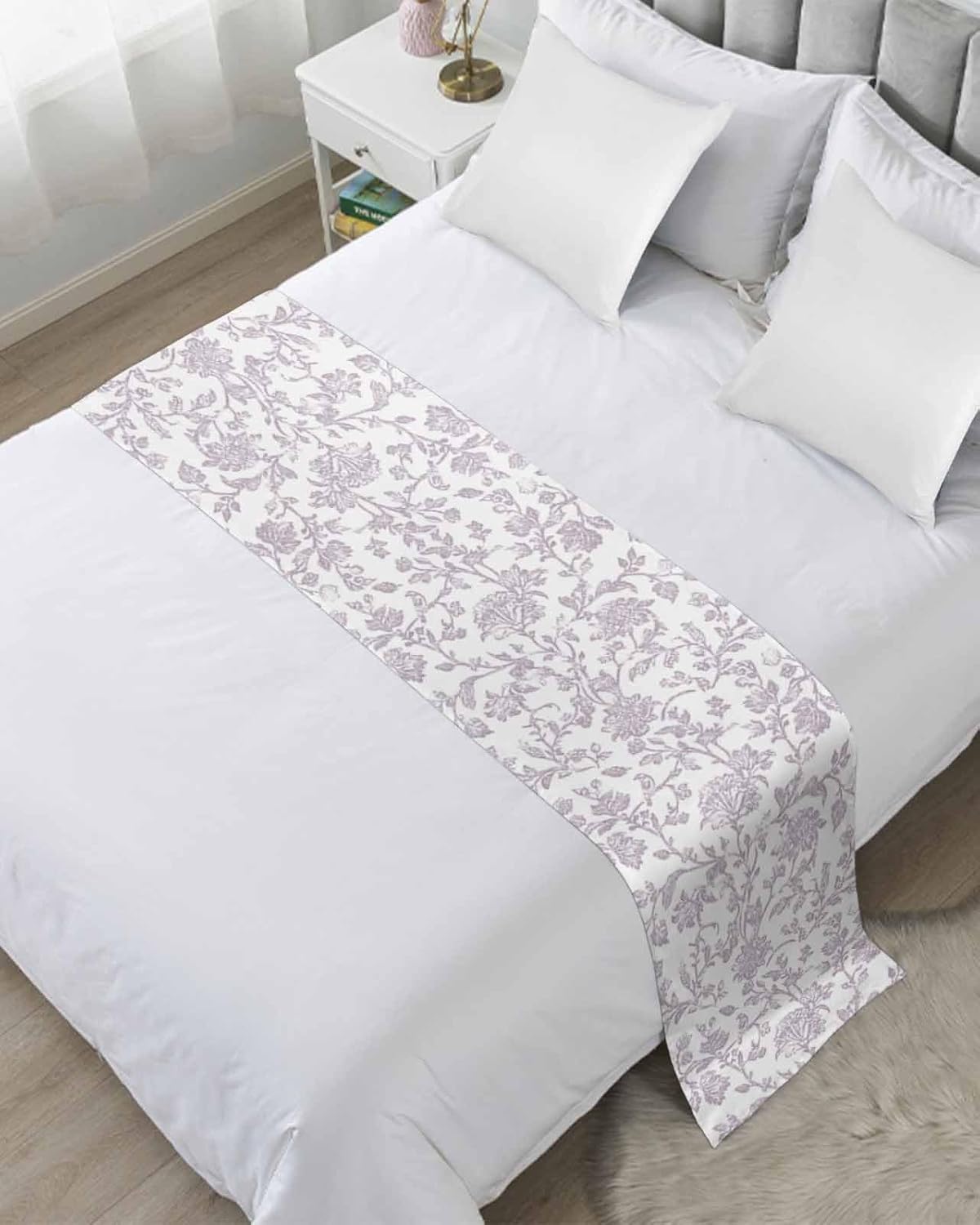 Dark Blue Flowers Bed Runner for Full/Queen Size, Pastoral Vintage Farmhouse Leaf Spring Bedspread Protector Slipcover Bed Scarf for Foot Runners & Scarves for Bedroom Hotel Wedding Room 83x20 Inches