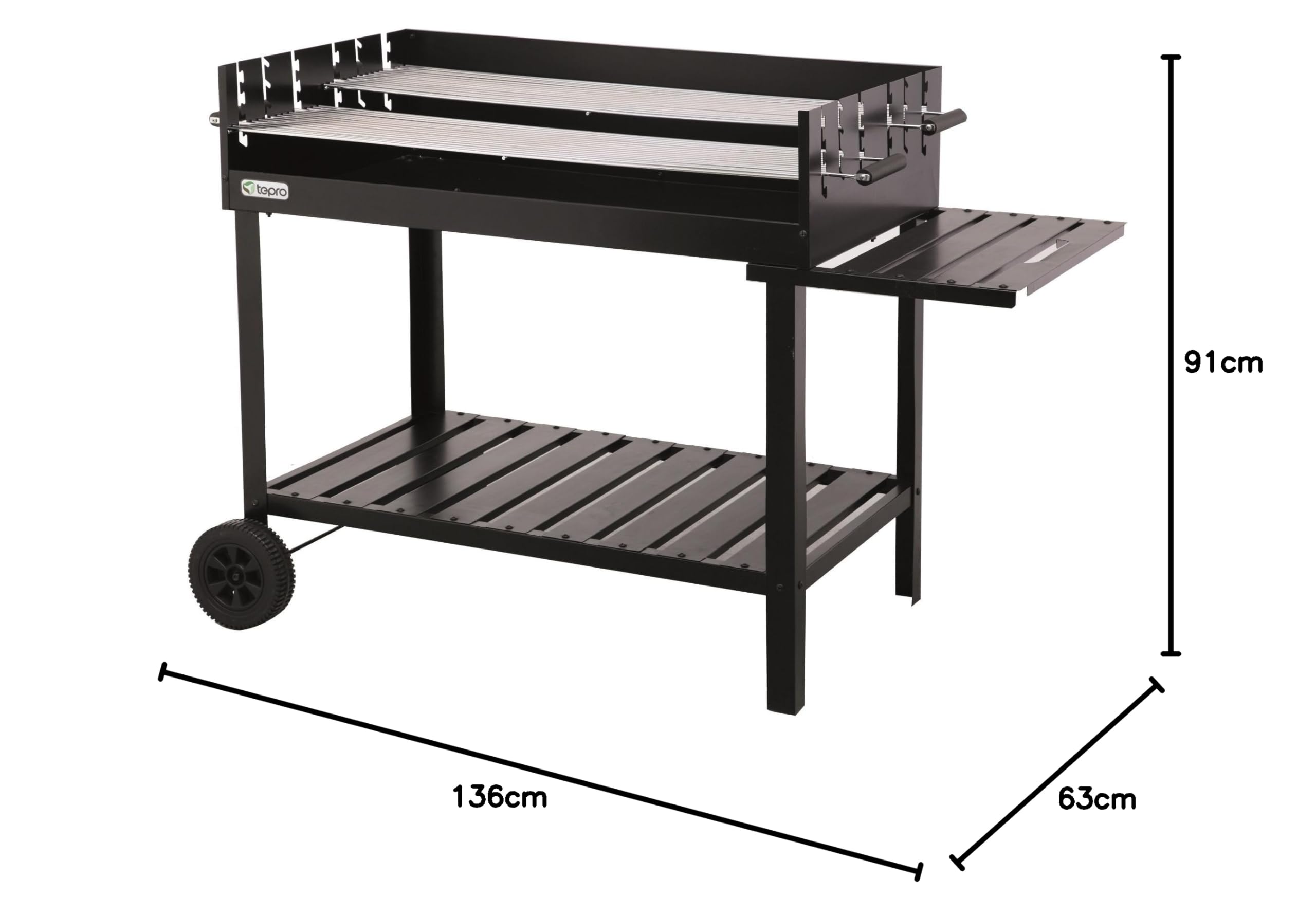 tepro Holzkohlegrill Grillwagen Atlanta, Outdoor BBQ mit Rädern, Höhenverstellbar ca. 77 - 88 cm, Grillfläche: ca. 98 x 56 cm, Maße ca. 135,5 x 63 x 91,2 cm, Schwarz