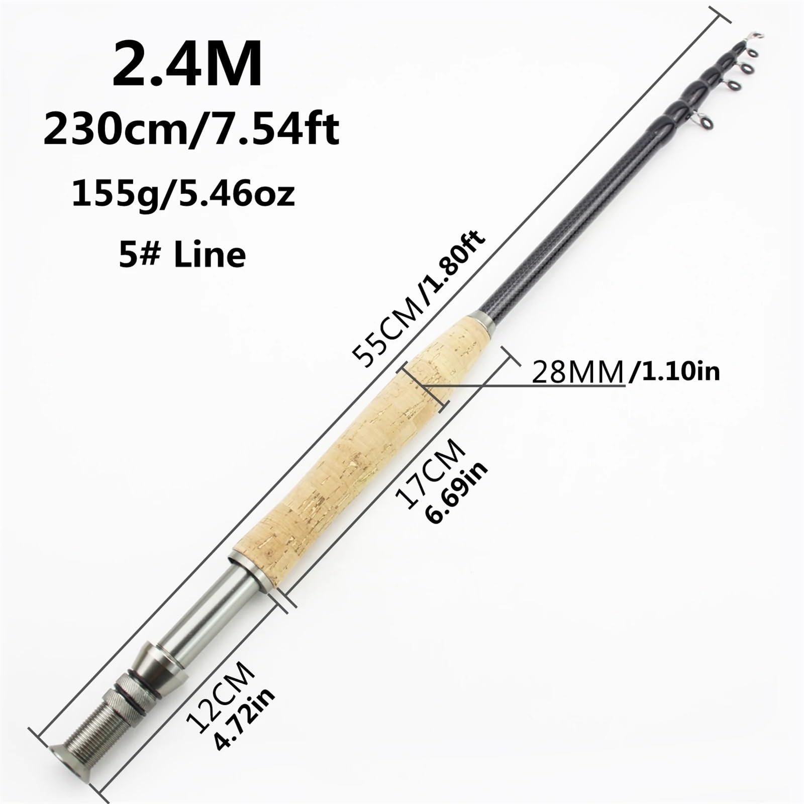 Canne a Peche Canne à pêche à la Mouche télescopique Portable en Carbone avec Base en métal de 2,1/3 m(2.4M)