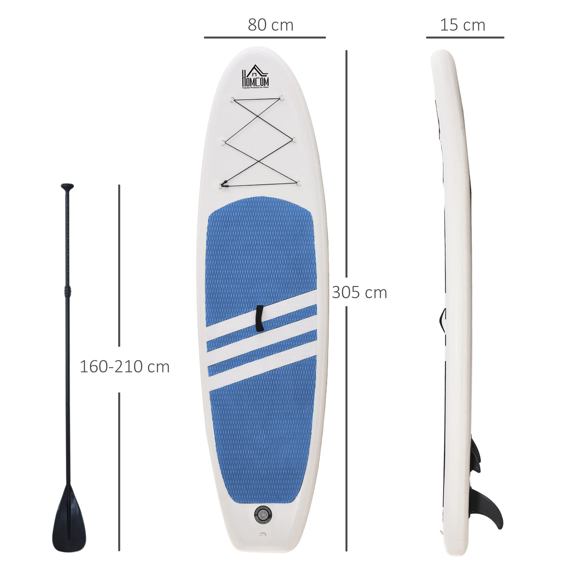 HOMCOM Tabla de Paddle Surf Hinchable 305x80x15 cm con Remo de Aluminio Ajustable Desmontable Cubierta Antideslizante y Accesorios Completos Carga Máx. 120 kg Azul y Blanco