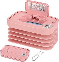 Wet Wipes Warmer, Wipe Warmer Cordless with 3 Adjustable Temperature, Foldable Portable USB Wipe Heater and Dispenser, Digital Display Space Saving Wipe Warmer with Lid for Home Outdoor Travel (Pink)