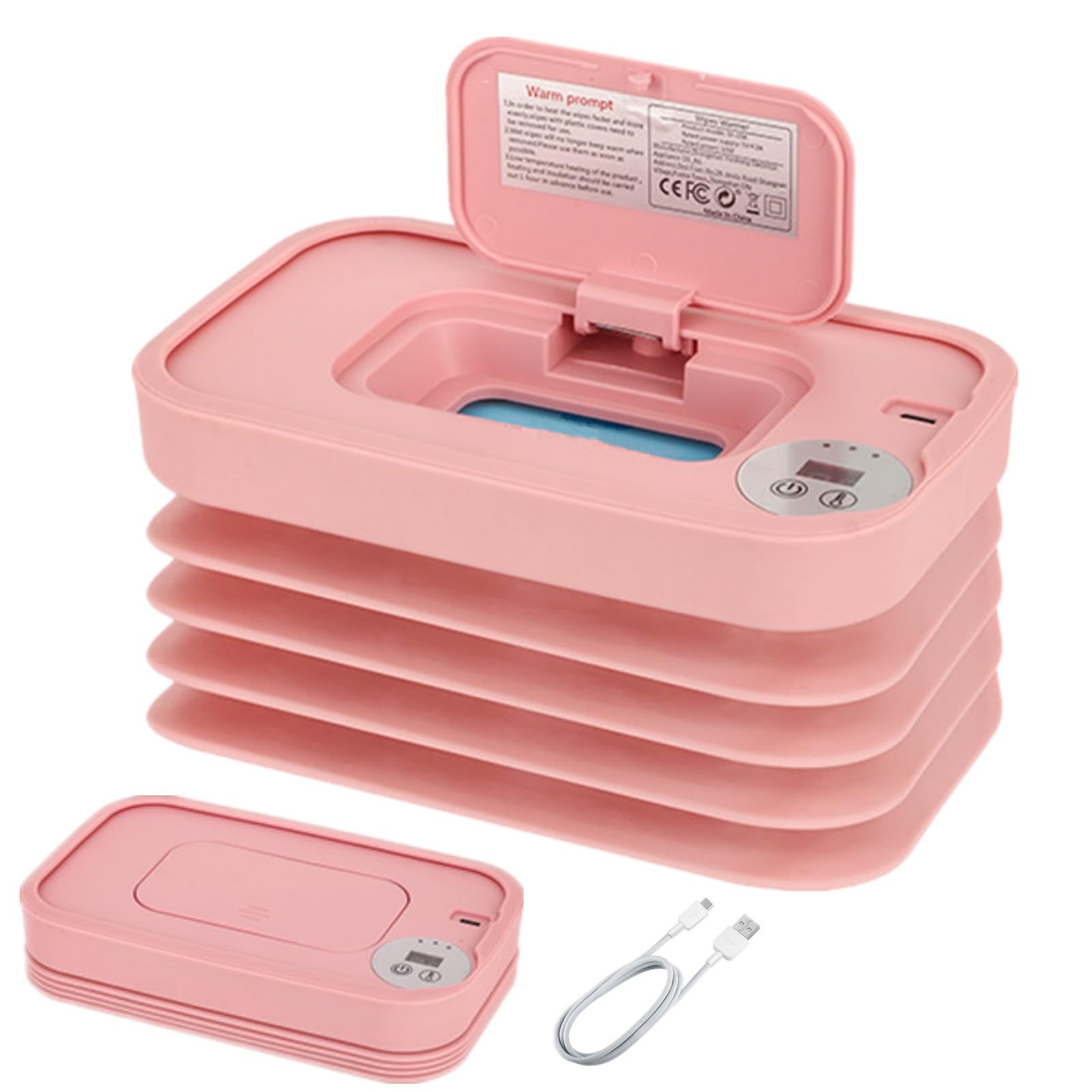 Wet Wipes Warmer, Wipe Warmer Cordless with 3 Adjustable Temperature, Foldable Portable USB Wipe Heater and Dispenser, Digital Display Space Saving Wipe Warmer with Lid for Home Outdoor Travel (Pink)
