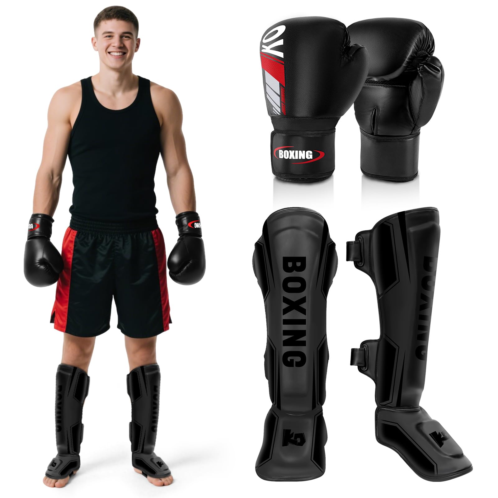 NZQXJXZ Protege Tibia Boxe avec Gants de Boxe 16oz, Protège-Tibias de Kickboxing Muay Thai Arts Martiaux, Protège-Jambes Réglables avec Protection du Cou-De-Pied pour l'Entraînement et Le Sparring MMA