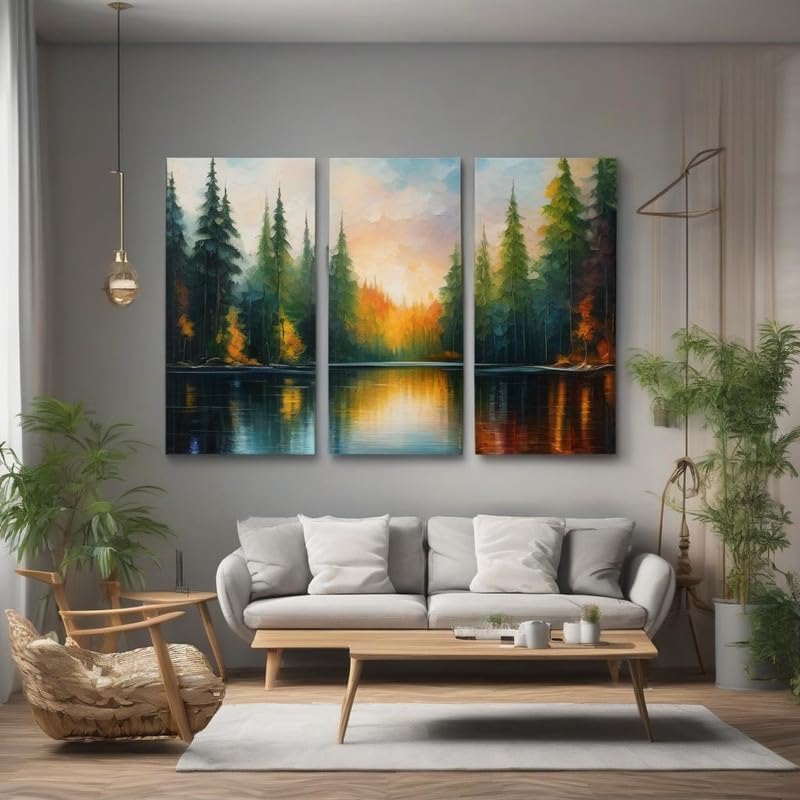 Art abstrait triptyque BensArt lac forêt de pins 3 affiches A4
