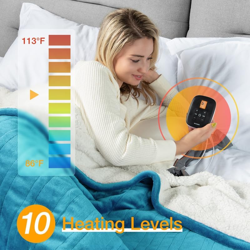 WOOMER Electric Heated Blanket Queen Size, Soft Flannel Fast Heating Blanket with Multi-Color Option, 84"x 90", 10 Heating Levels & 0.5-12H Auto Off, Over-Heat Protection - Image 2