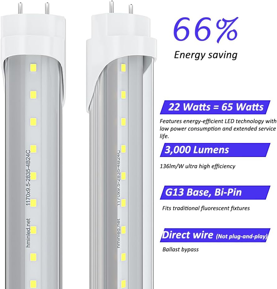 4FT T8 LED Tube Light, 22W 3000LM 6000K Daylight, Ballast Bypass (Direct Wire Required), G13 Bi-Pin, Replaces 65W Fluorescent, 25-Pack