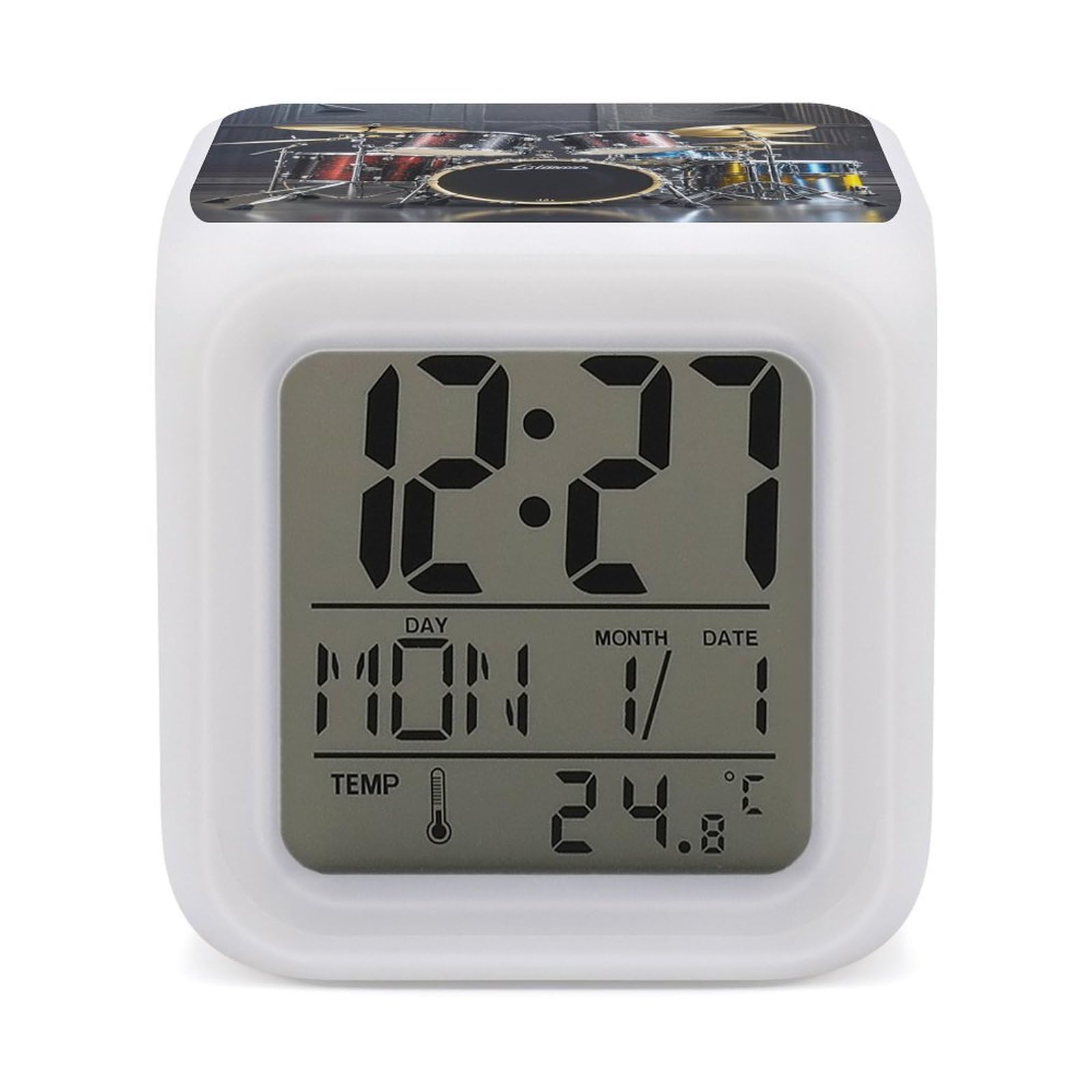 Reloj despertador Cool Drum Set digital con luces LED y pantalla para oficina