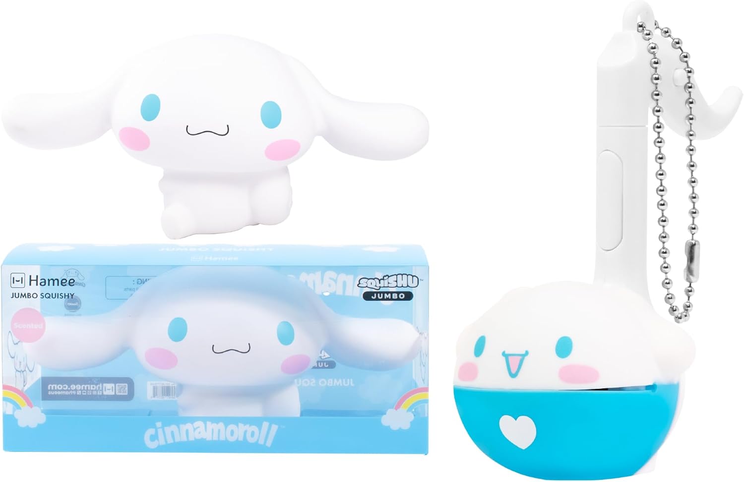 Hamee Sanrio Hello Kitty and Friends Cinnamoroll Jumbo Squishy Toy and Otamatone Melody Cinnamoroll Synthesizer Toy Keychain Bundle