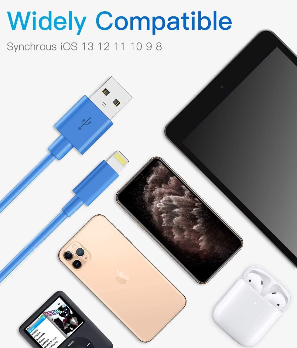 Quntis Lightning Cable Certificated 3 Pack 6ft iPhone Cord Compatible with iPhone 11 X 8 Plus 7 Plus 6S Plus 6 Plus 5 5S 5C SE Pod Pad Pro and More - Blue