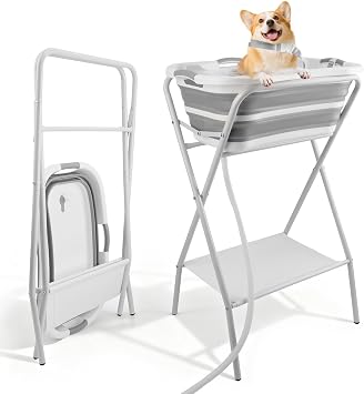 2 in 1 Foldable Dog Bathtub Washing Station, Elevated Pet Bath Tub with Drain, Large-Capacity Bathtub & Multi-Functional Clothes Drying Rack, for Small to Medium Dogs/Cats Shower & Grooming