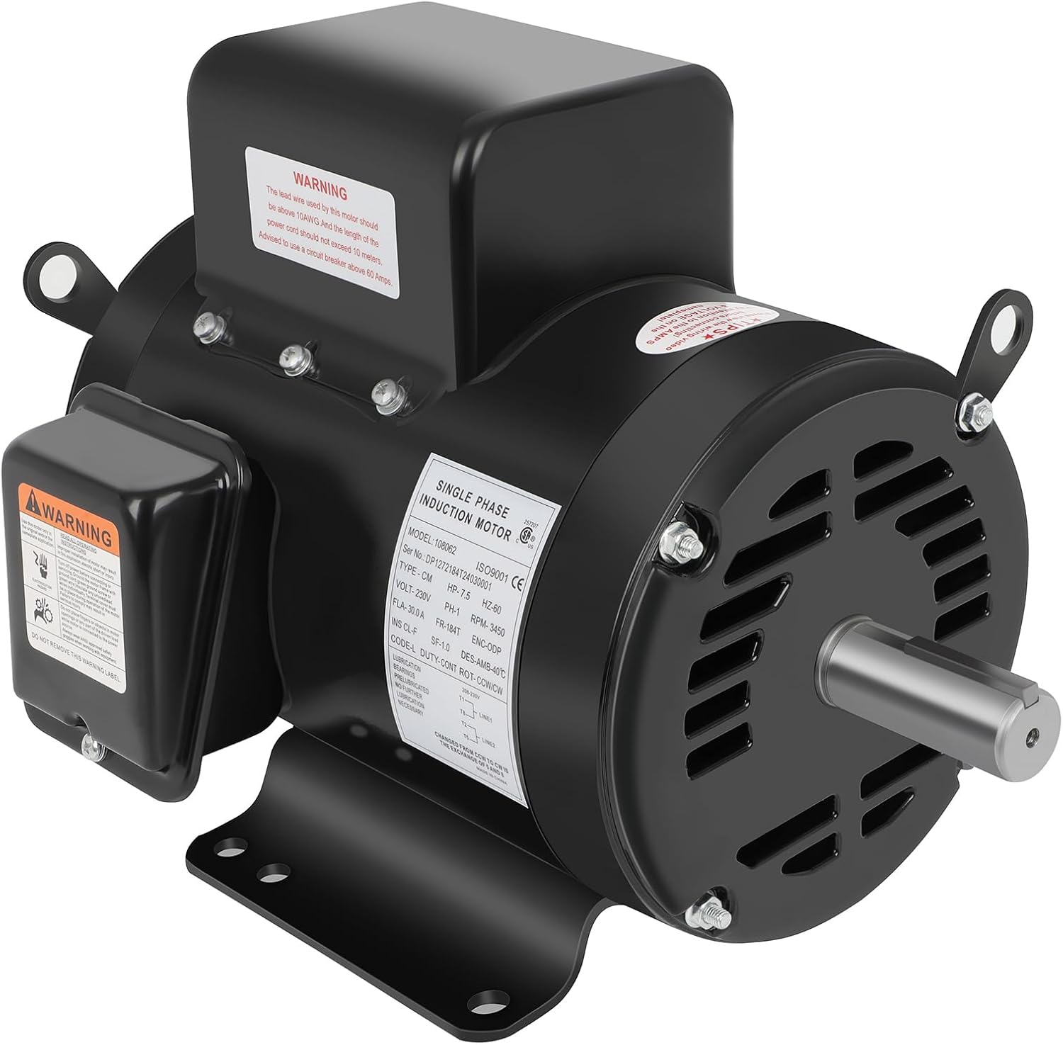 7.5 HP Air Compressor Motor Single Phase 184T Electric Motor 3450RPM 208V-230V 2Pole 1-1/8"Shaft Diameter CW/CCW ODP