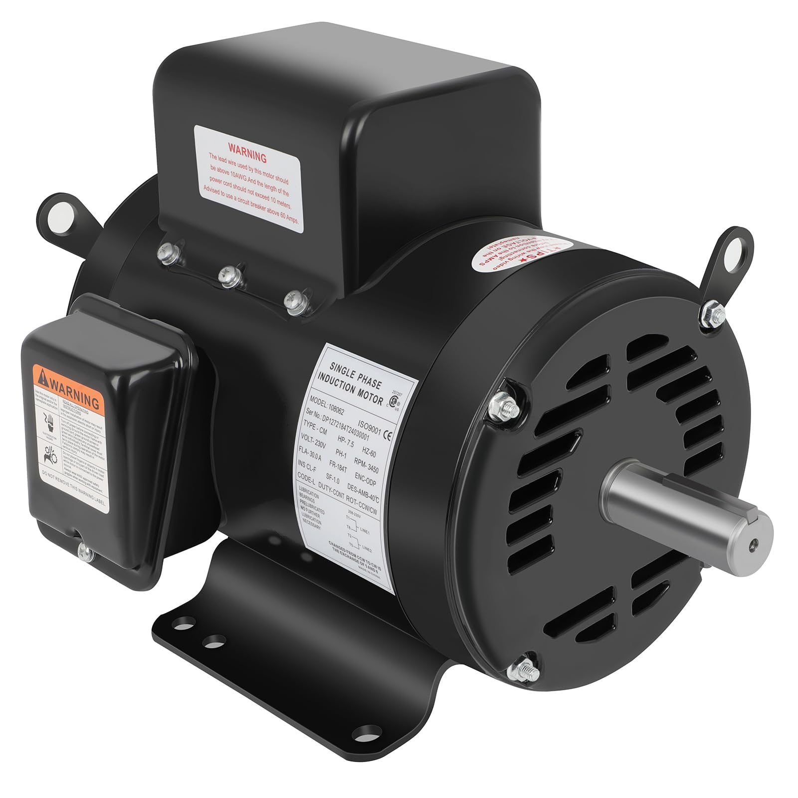 Photo 1 of  *** FACTORY SEALED*** 7.5 HP Air Compressor Motor Single Phase 184T Electric Motor 3450RPM 208V-230V 2Pole 1-1/8"Shaft Diameter CW/CCW ODP