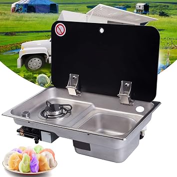 Gas Camping Stove RV Gas Stove Hob and Sink Combo Portable Cooktop Boat Caravan Camper Gas Stove with Single Bowl Sink Tempered Glass Lid 1 Burner