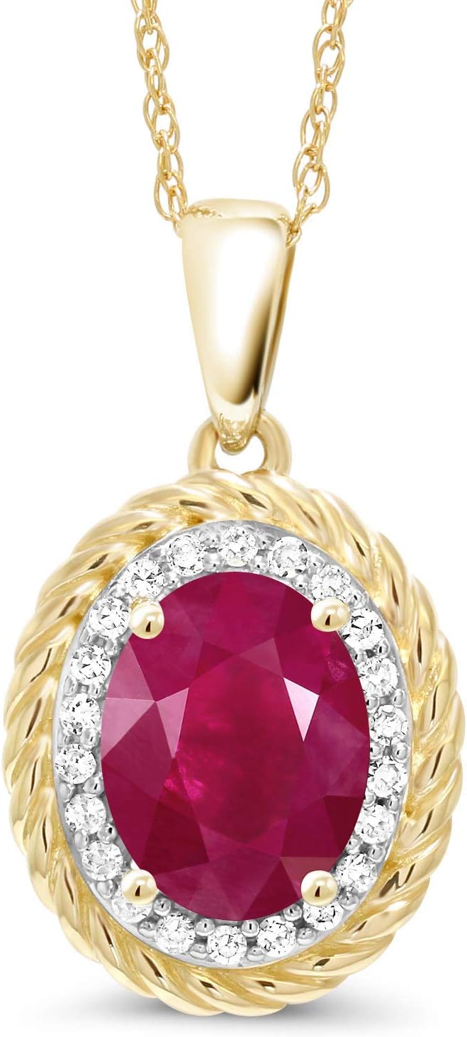 Gem Stone King 14K Yellow Gold Gemstone Birthstone and White Diamond Necklace | Oval 8X6MM | Gold Necklace for Women | With 18 Inch Chain