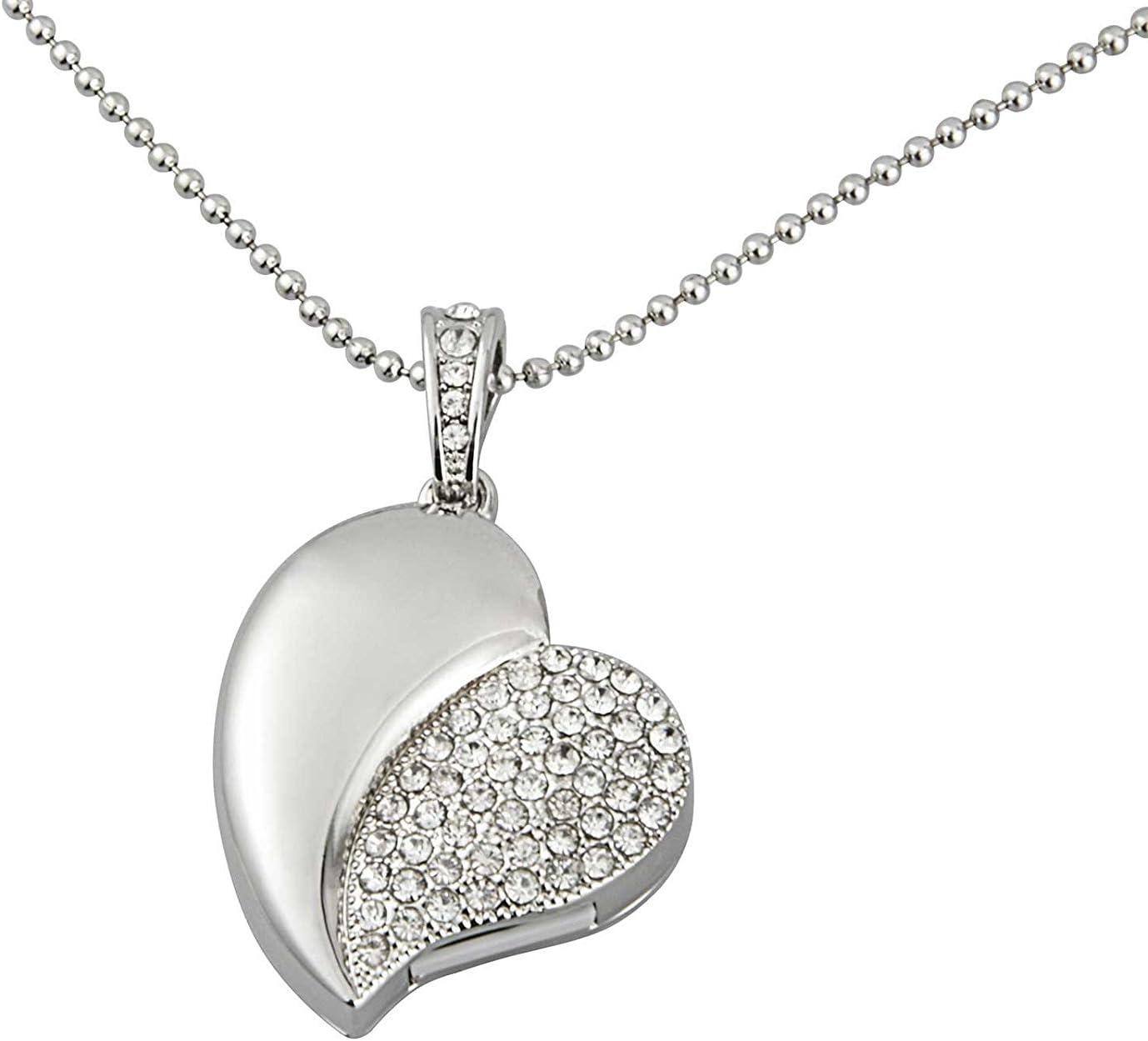 Shooo 32GB Crystal Asymmetric Heart Shape Jewelry USB Flash Memory Drive with Necklace,Silver