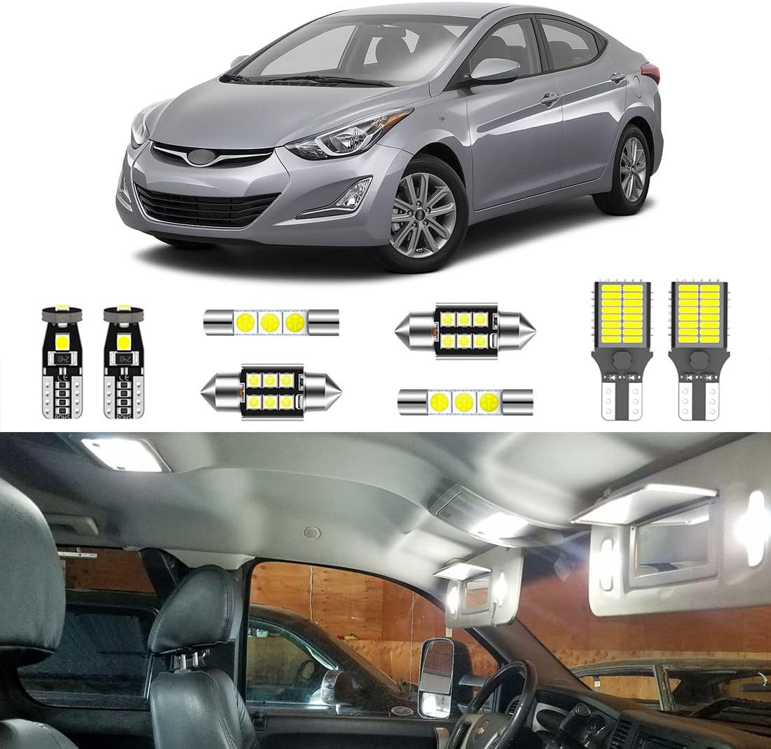 8PCS Super Bright White Interior LED Light Kit Package for Hyundai Elantra 2011 2012 2013 2014 2015 2016 + License Plate Lights and Install Tool
