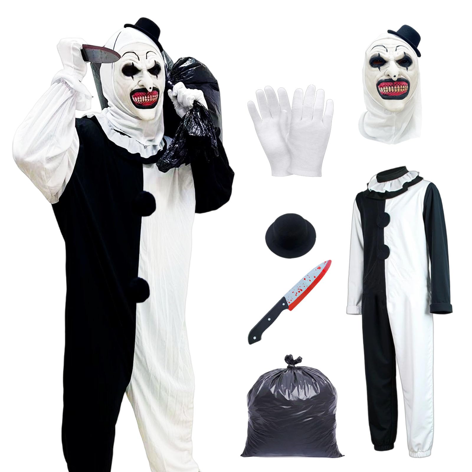 Costume Clown Tueur Halloween – Combinaison Noire & Blanche + Masque Terrifiant + Chapeau + Couteau Factice – Adulte & Enfant