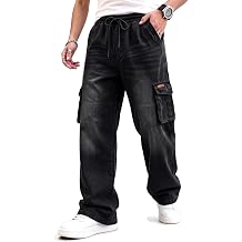 Heyfanee Mens Baggy Cargo Jeans Elastic Waist with Drawstring Denim Pants