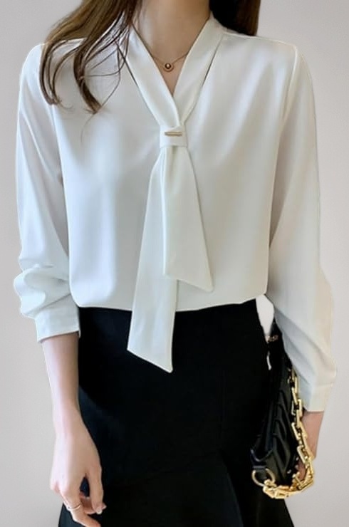 Women's Long Sleeve Bow Tie Neck Chiffon Fabric Blouse, Pink, White, V-Neck, Elegant Office Wear Style | Elegant Korean Style Relaxed Fit Shirt Top