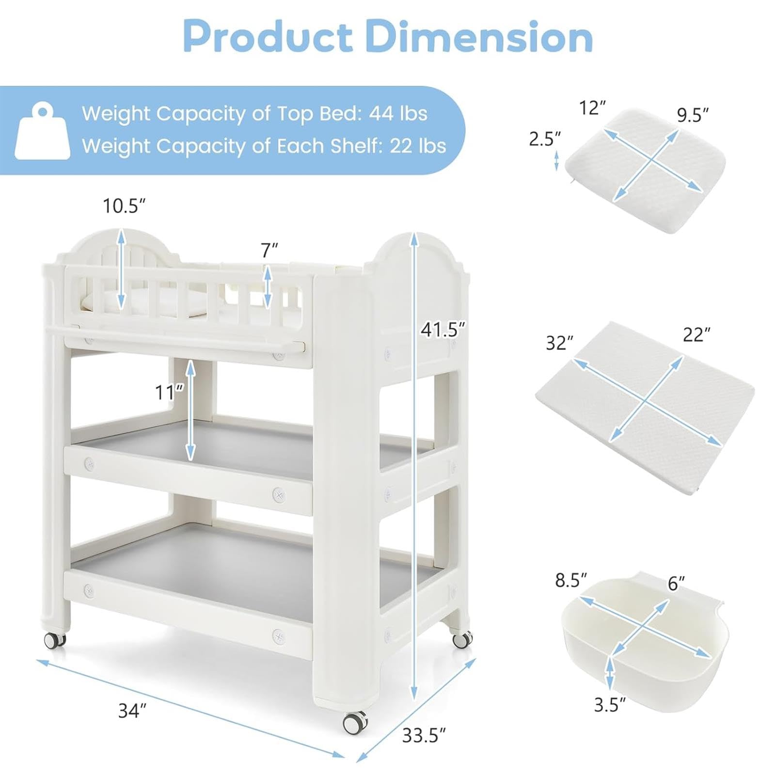 Fasciatoio per neonati, cassettiera per pannolini con cuscinetto e cuscino in lattice, 3 scatole sospese, 2 ripiani portaoggetti, ruote bloccabili, organizer mobile per la cameretta dei neonati