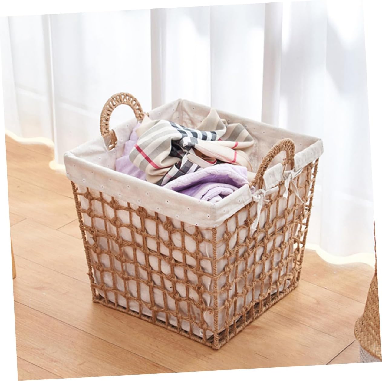 Vintage Style Woven Laundry Container with Handle Small Square Rope Basket for Dirty Clothes Practical Storage Organizer for Bathroom Bedroom Space-saving Laundry Basket