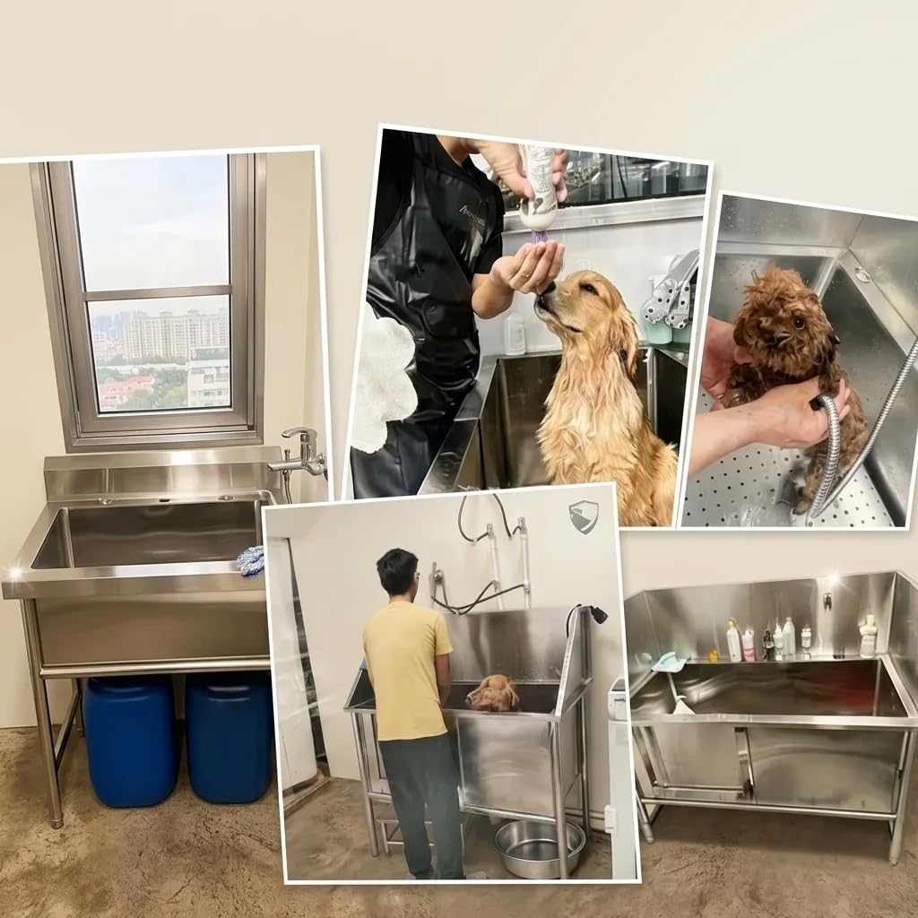 BañEra Para Perros De Acero Inoxidable - EstacióN De Lavado Profesional Para Mascotas, PeluqueríA Canina Y Veterinaria | Incluye Grifo ExtraíBle, Escaleras De Acceso Y Alfombra(100*60*90cm)