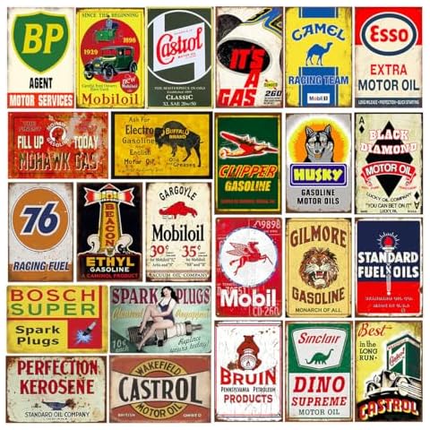 Reproduced Vintage Tin Signs, Gas Oil Retro Advert Metal Sign for Garage Man Cave Bar Kitchen, 8x12 Inch (24 pcs) Cover
