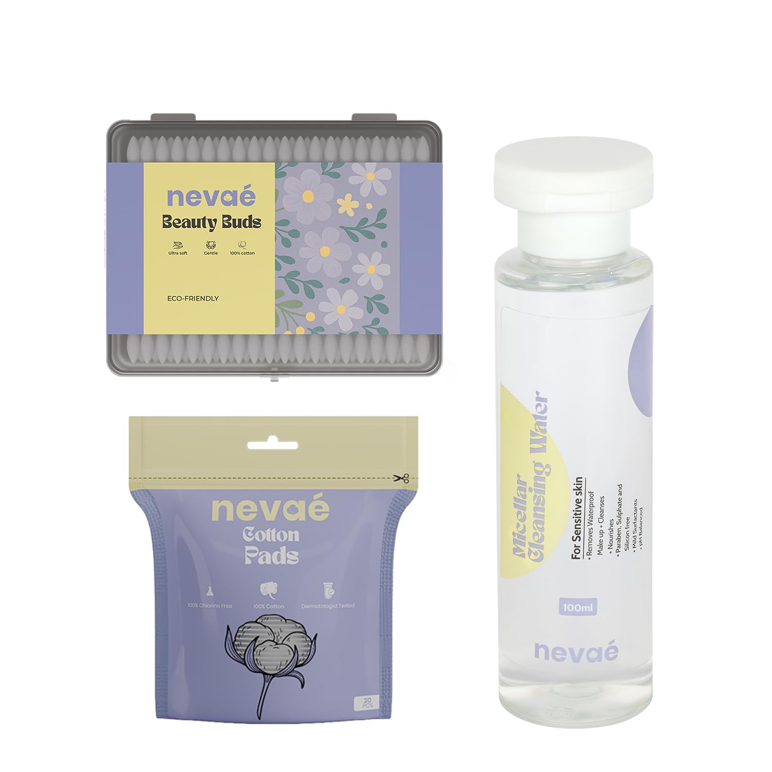 Nevae Skincare Essentials Combo | Micellar Cleansing Water 100ml + Beauty Buds 100 Count + Cotton Pads 20 Count | Gentle Makeup Remover & Daily Face Cleansing Kit-image-21