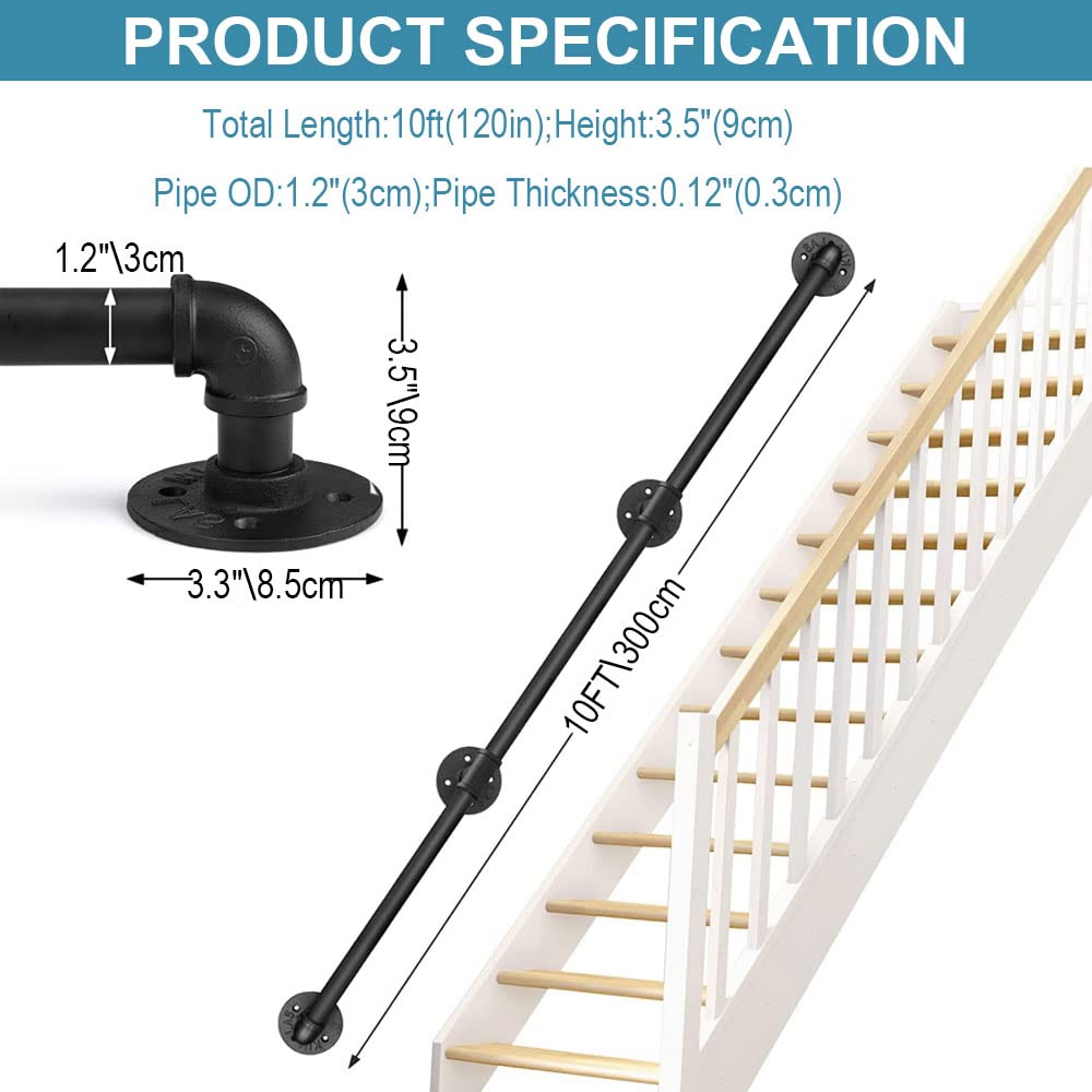 Pasamanos Escalera 3m, Magtctyae Barandilla Escalera Pasamanos para Escaleras Interiores Exteriores Antideslizante con Barandilla de Escalera de Barandilla de Tubería de Hierro pared Loft Ancianos