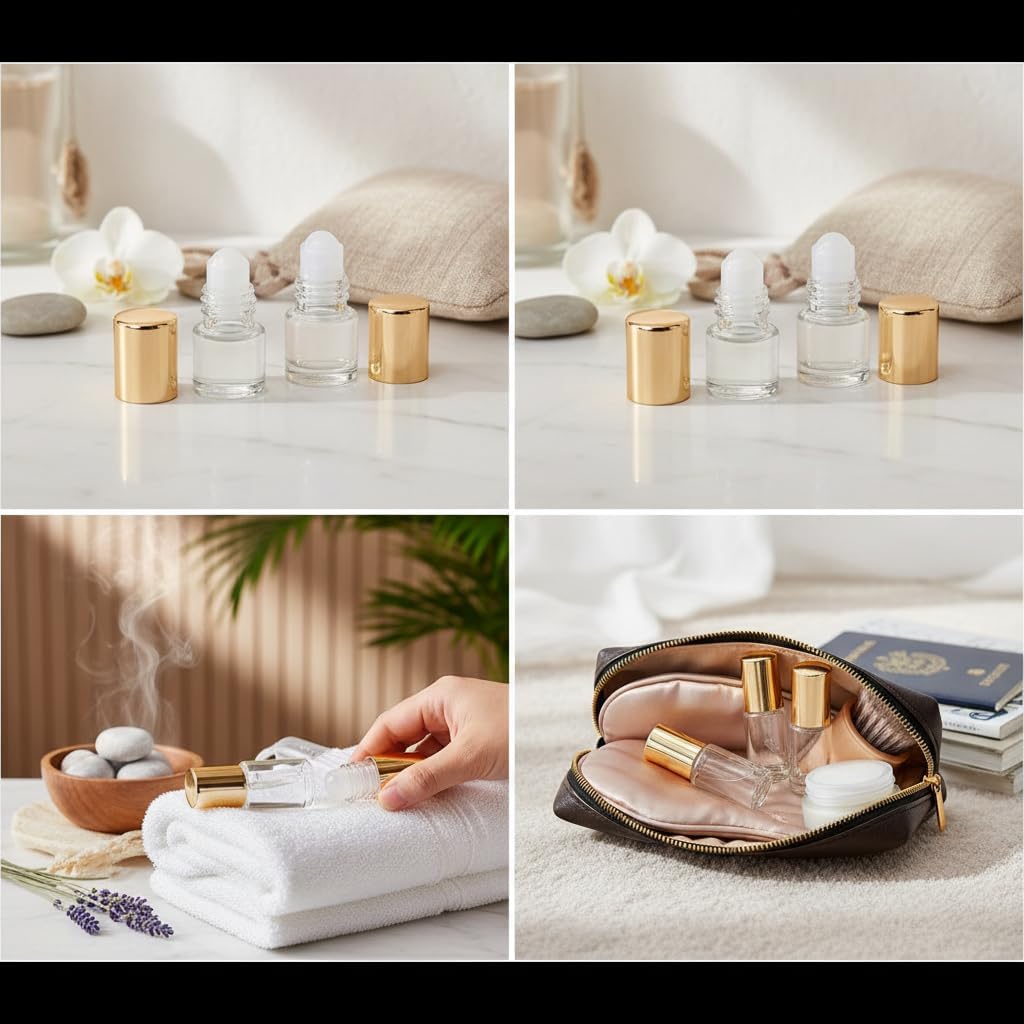 6Pcs Gold Glass Roll-on Bottles for Essential Oils,1ml,Mini Glass Roll on Bottles Roller Refillable Essential Oil Aromatherapy Sample Vials Roller Container,Refillable Cosmetic Roller Bottles