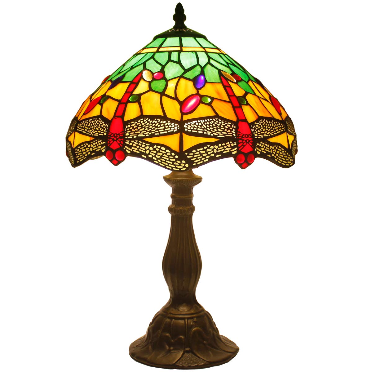 WERFACTORY Tiffany Table Lamp Bedside Lamp Green Yellow Stained Glass Dragonfly Style Antique Desk Light 18"Tall Living Room Bedroom Vintage Library Banker Victorian Memory Sympathy