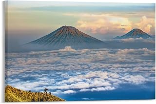 Canvas Wall Art Landscape Volcano Central Java Sumbing Mountain Wall Decorations for Bedroom Living Room Stretched and Framed Canvas Paintings Kitchen Bathroom Wall Decor Ready to Hang - 8x12inch(20x