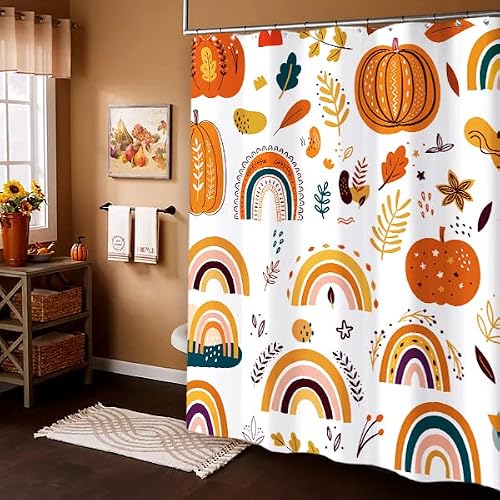 Miyotaa Pumpkin Autumn Fall Shower Curtain Set 60Wx71H Inches Cute Kids Rainbow Harvest Thanksgiving Seasonal Orange Painting Kids Polyester Waterproof Bathroom Curtain with 12 Hooks