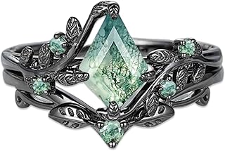 Natural Moss Agate Engagement Ring for Women Pear/Hexagon/Kite/Princess Cut Gemstone Genuine Moss Agate Wedding Ring Set Bridal Ring Set 925 Sterling Silver 10K 14K 18K Gold Moss Rings for Women Size 4-12