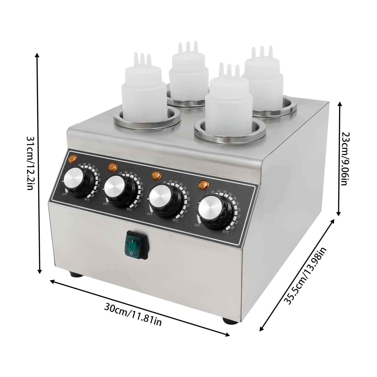Calentador de salsas eléctrico, 800 W, con 4 botellas de PVC, máquina de calentamiento de salsas de acero inoxidable, 30-85 ℃, para mantener diferentes salsas calientes