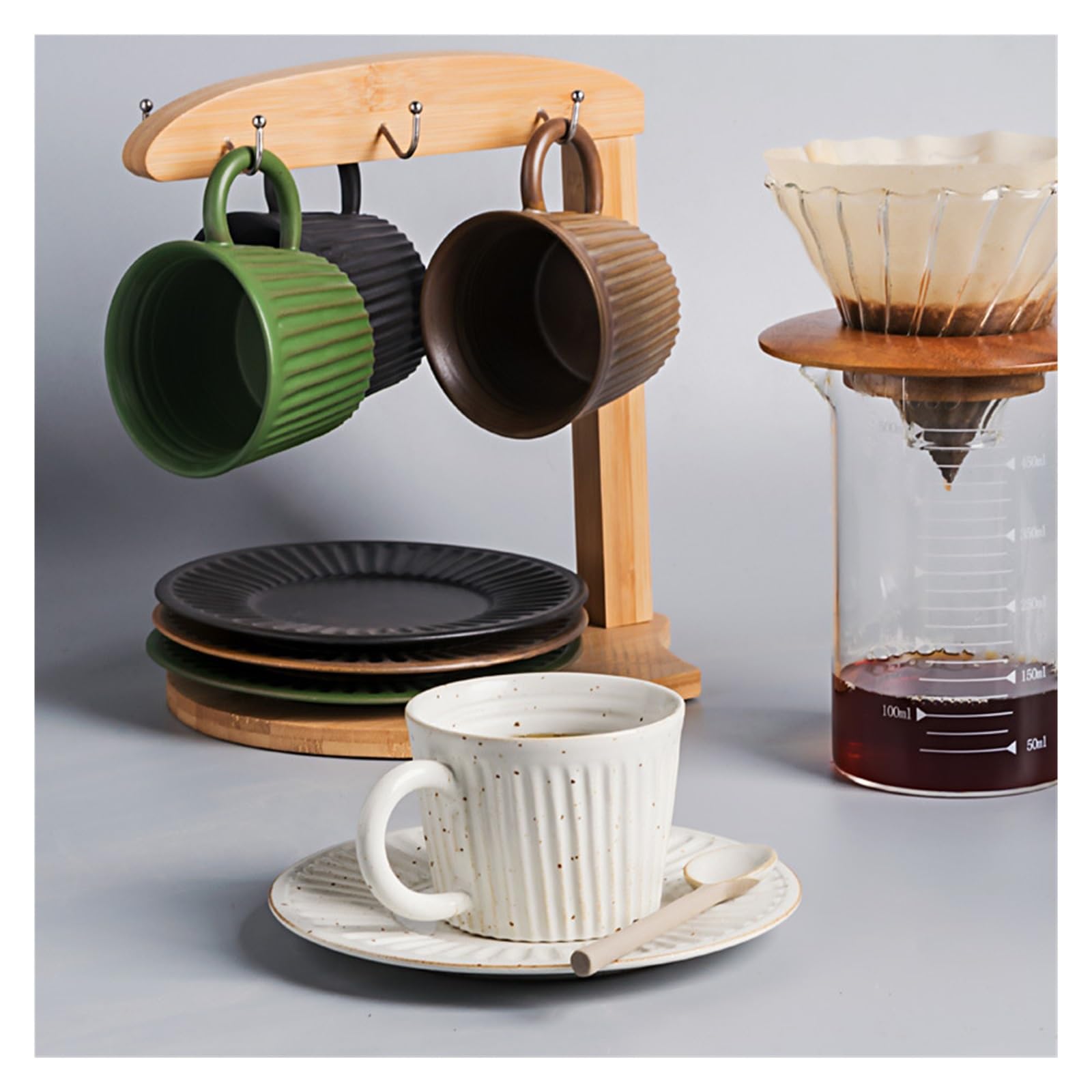 Juego de Taza y Plato de Café Juego de Taza y platillo de café de cerámica, 150 ml, Taza de café Reutilizable de cerámica Rugosa con Vetas Verticales(Black Coffee Cup)