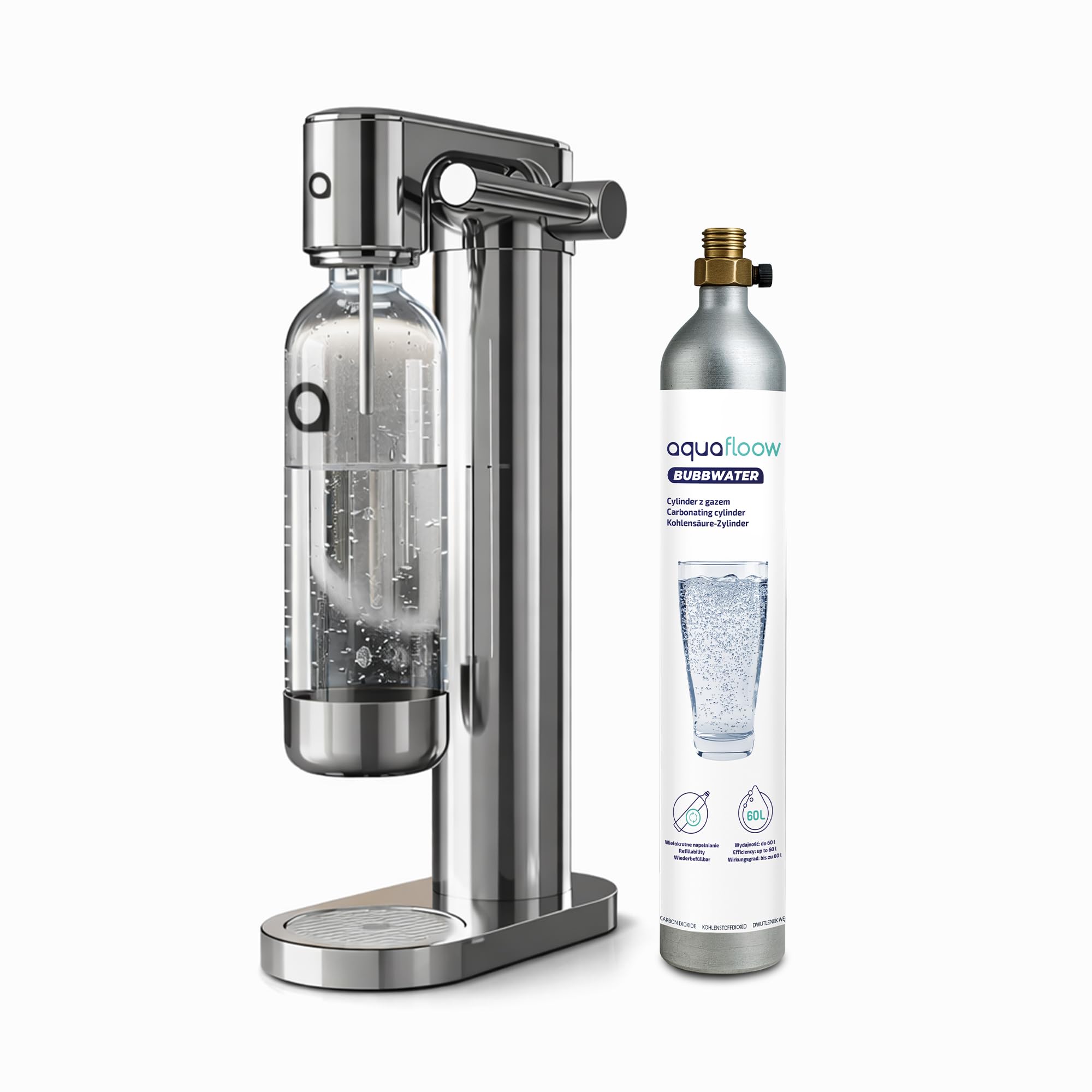 Aquafloow Macchina Soda per Acqua Frizzante in Acciaio Inox – Gasatore d’Acqua a Controllo Manuale con CO₂ Ricaricabile, Bombola fino a 60 Litri, Bottiglia in Plastica Senza BPA con Base Inox - 2