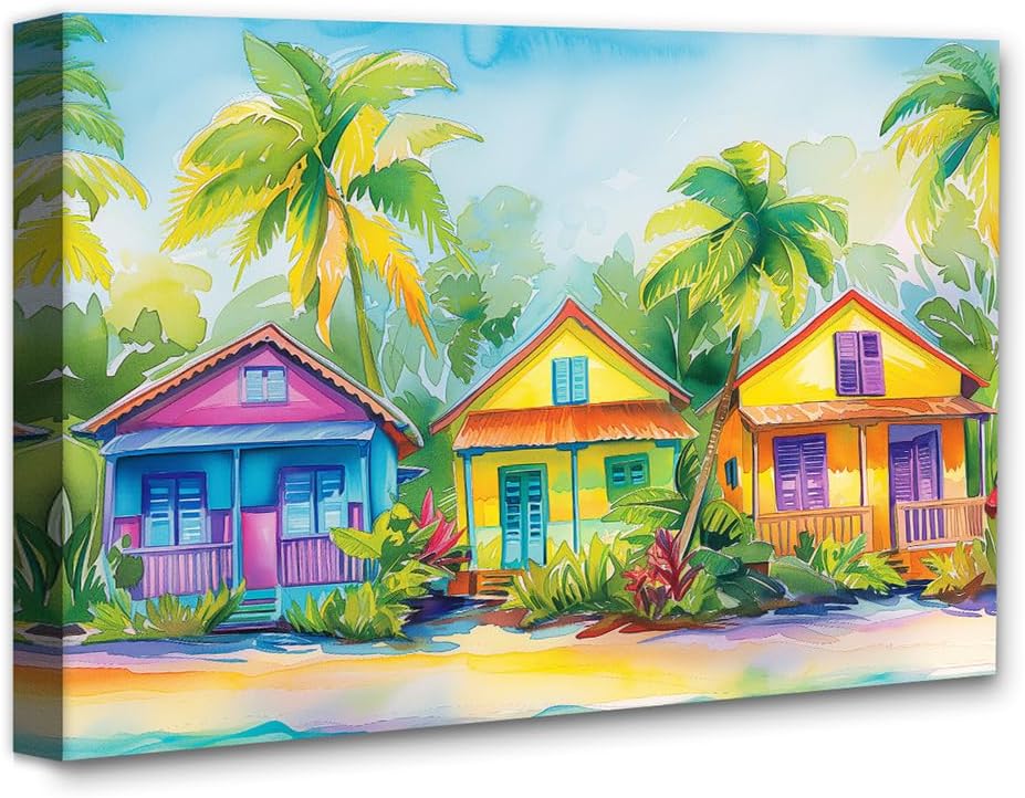 Tropical Trio Watercolor Beach House Painting 18x24 Canvas Poster - Coastal Island Paradise Palm Trees Colorful Vibrant Summer Vacation Home Beach Scene Oceanfront Seaside Living Room Bathroom Décor