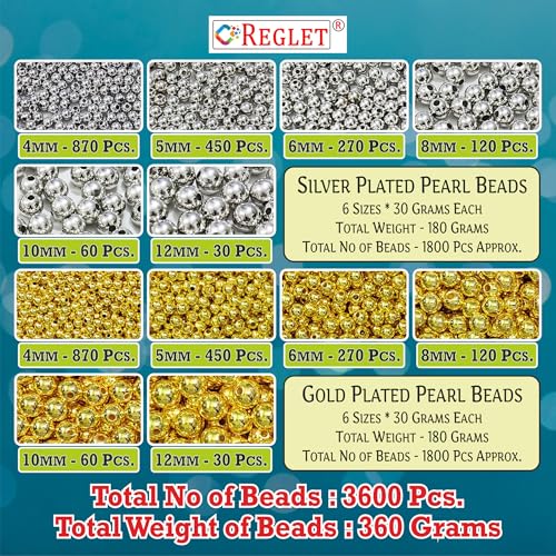 Image of 1800 Pcs Golden & 1800 Pcs Silver Pearl Beads for Bracelet Making Kit - Plastic Beads for Jewellery Making Kit - Pearls for Craft - Sizes 4, 5, 6, 8, 10, 12MM - 360g