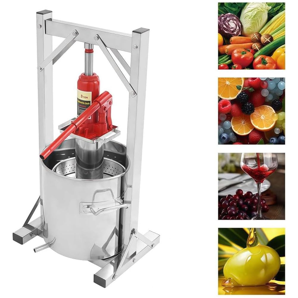 12L Edelstahl Obstpresse Manuelle Hydraulische Weinpresse mit Korb für Heimweinherstellung Inklusive Eimer Wagenheber Ständer für Saftextraktion 22L