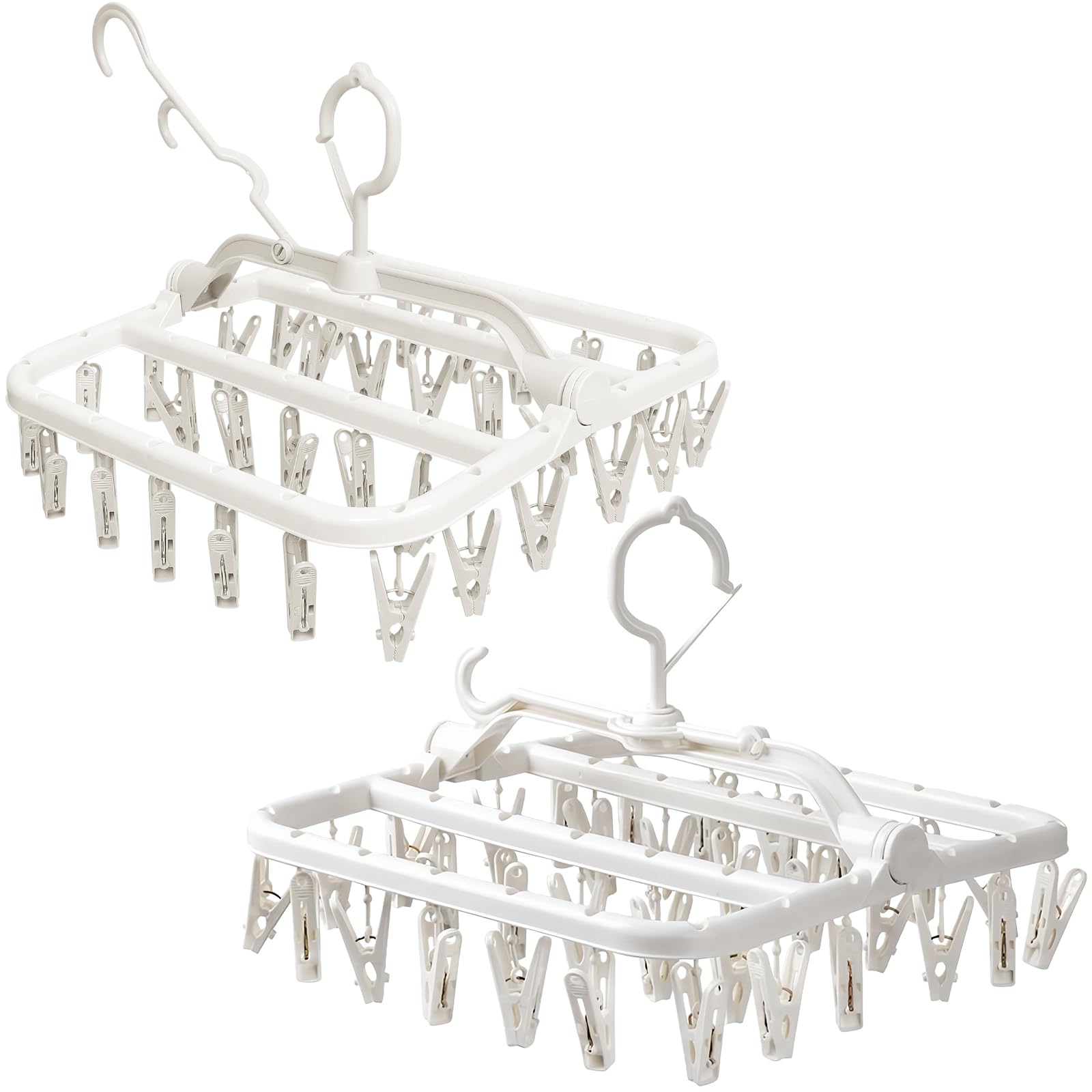 Tel Charme * 2 Pack Clothes Socks Drying Hanger with 32 Peg Clips Foldable Hanger Hangers Drip Hanger Plastic, Sock Dryer with Pegs for Washing Line, Wind-Proof Hook Underwear Hanger for Socks Bras
